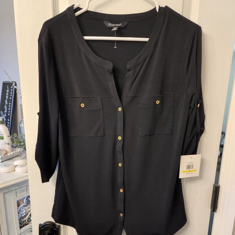 Brand New 3/4 Sleeve Black Ellen Tracy Dress Blouse with Gold Buttons
